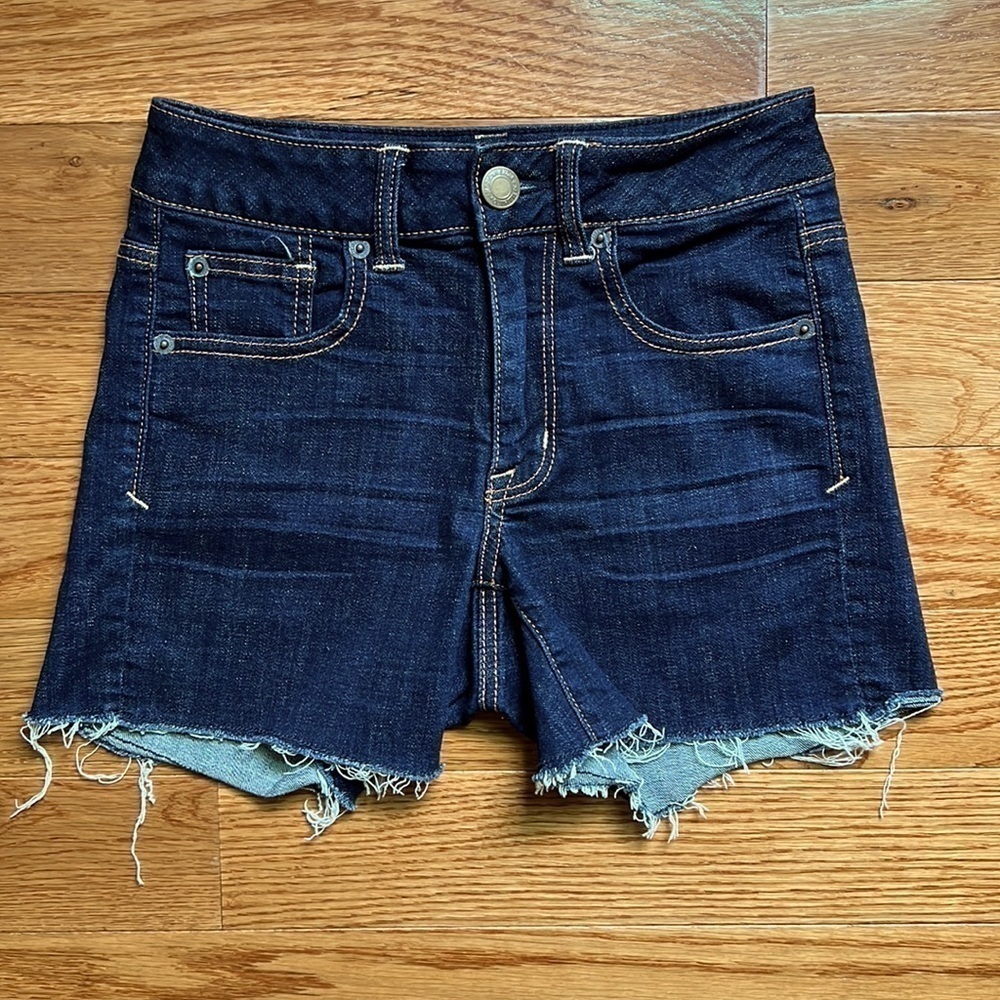 EUC American Eagle Super Stretch Raw Hem Cut Off Denim Shorts Dark Blue US 2